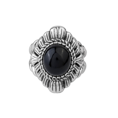 Sterling Silver Black Agate Oval-Cut Rope Scallop Design Ring