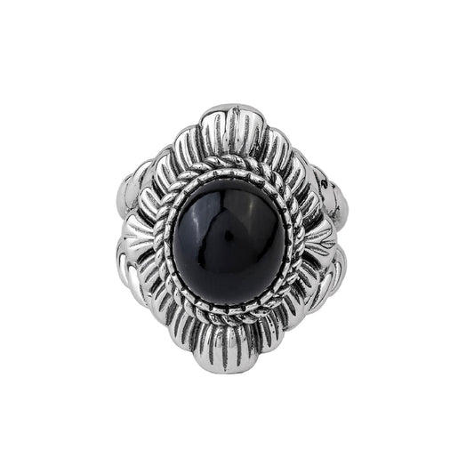 Sterling Silver Black Agate Oval-Cut Rope Scallop Design Ring