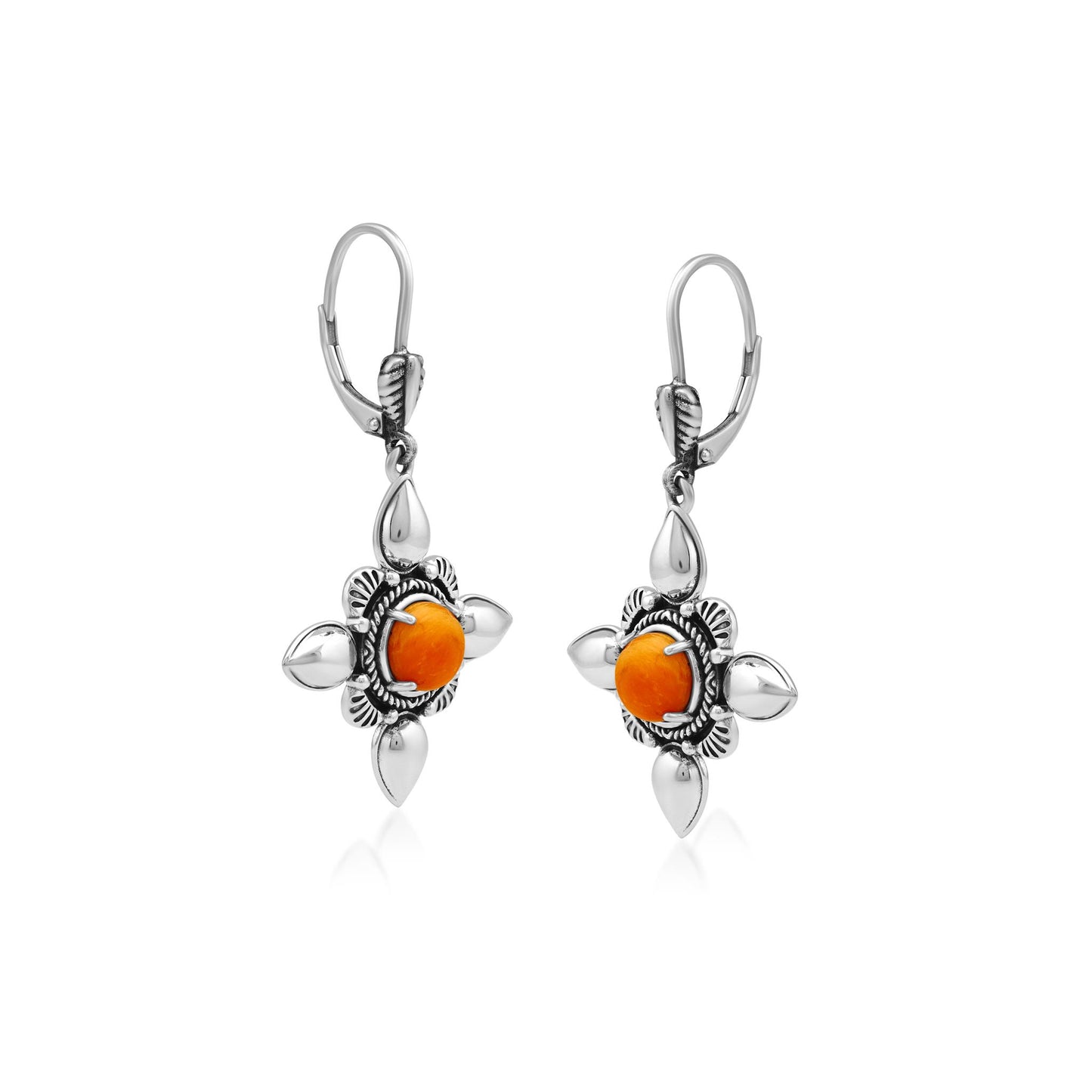 Sterling Silver Orange Spiny Oyster Compass Star Lever Back Earrings