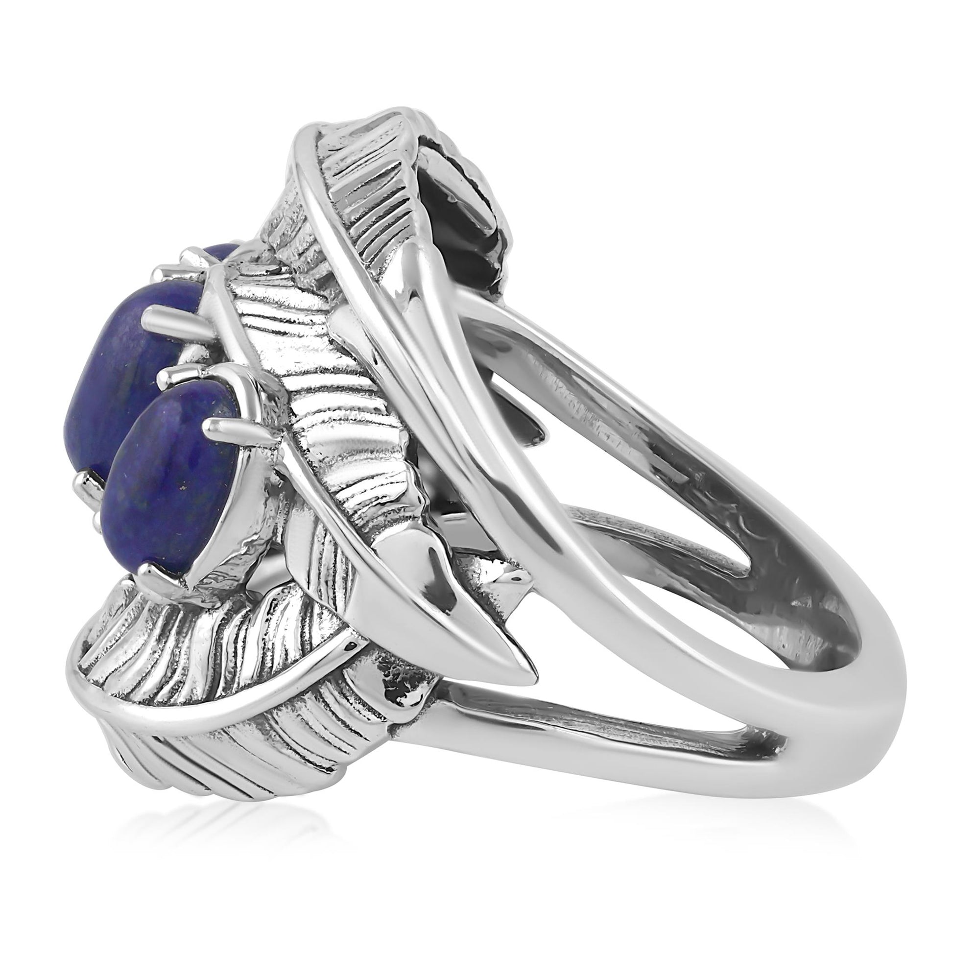 Sterling Silver Lapis Three-Stone Oval Cut Feather Ring
