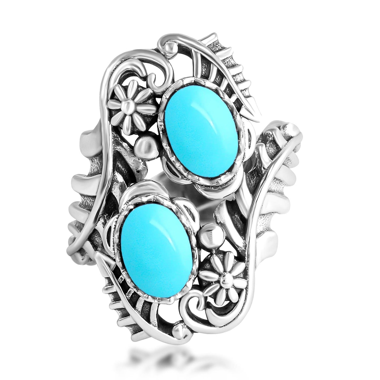 Sterling Silver Sleeping Beauty Turquoise Vine and Leaf Bypass Ring