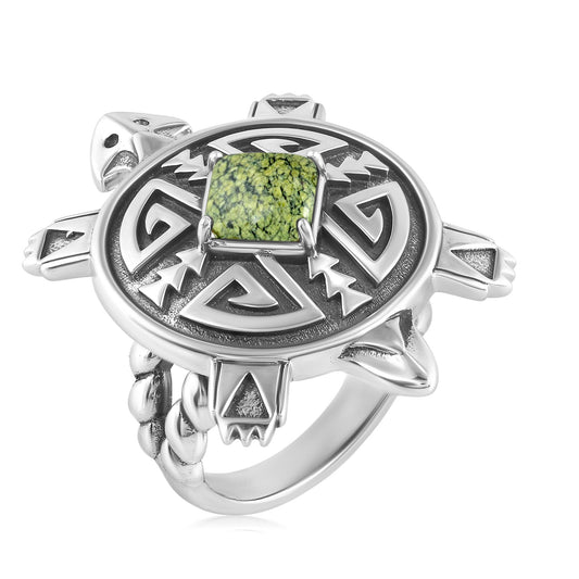 Sterling Silver Green Serpentine Fritz Casuse Split Shank Turtle Ring