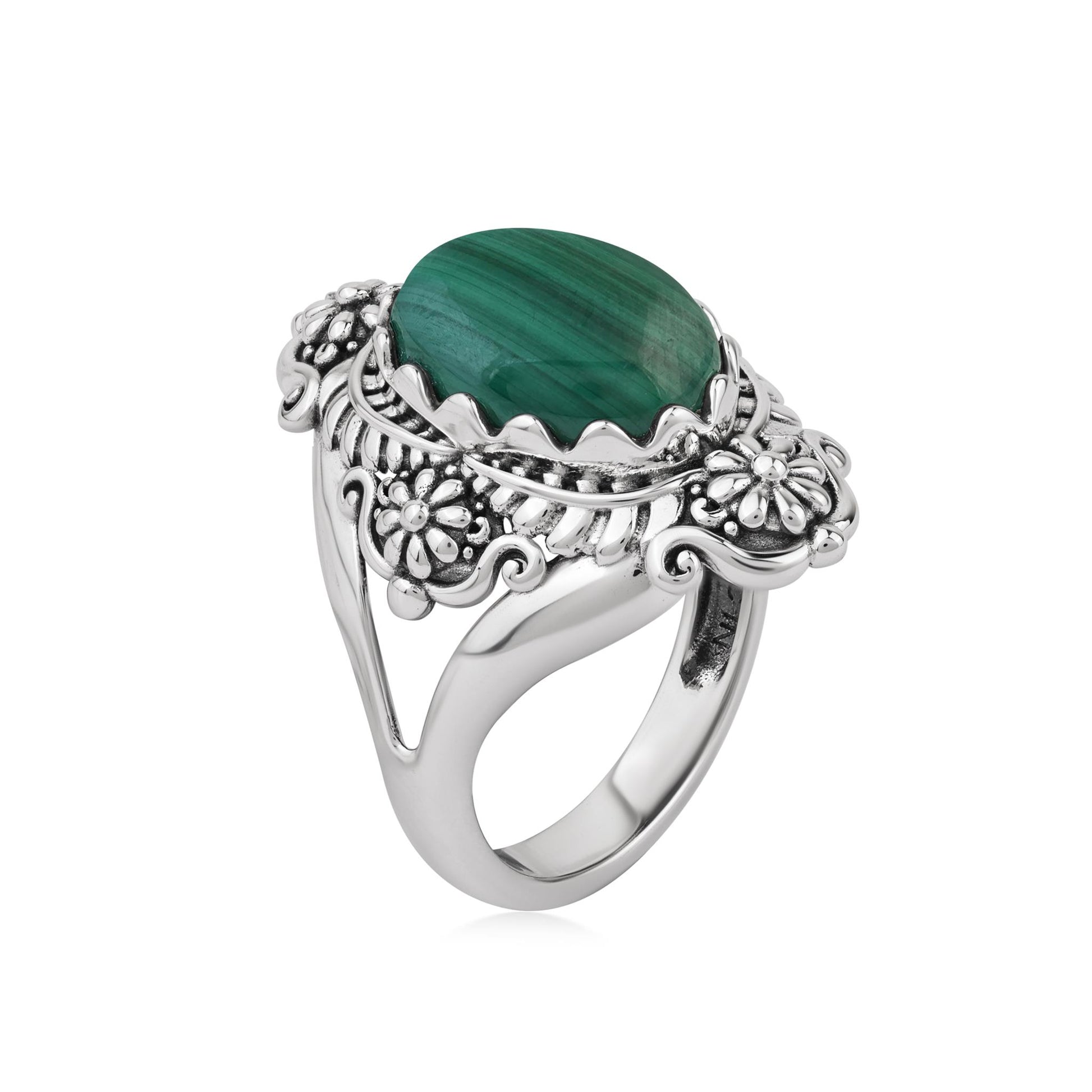  Sterling Silver Malachite Oval Scalloped Concha Ring