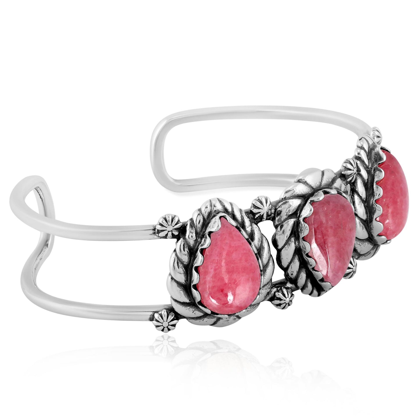 Sterling Silver Rhodonite Pear Cut Rope Design Cuff Bracelet