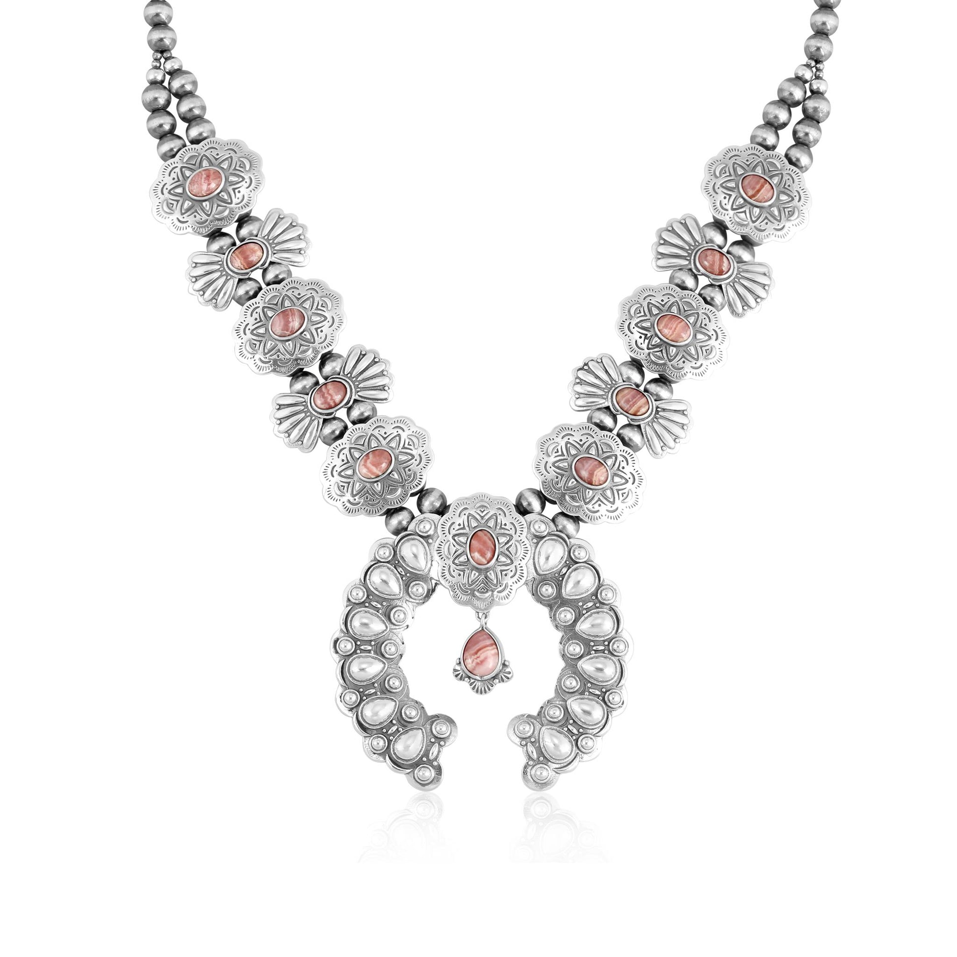Sterling Silver Rhodochrosite Concha Butterfly Squash Blossom Necklace