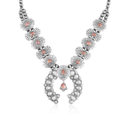 Sterling Silver Rhodochrosite Concha Butterfly Squash Blossom Necklace