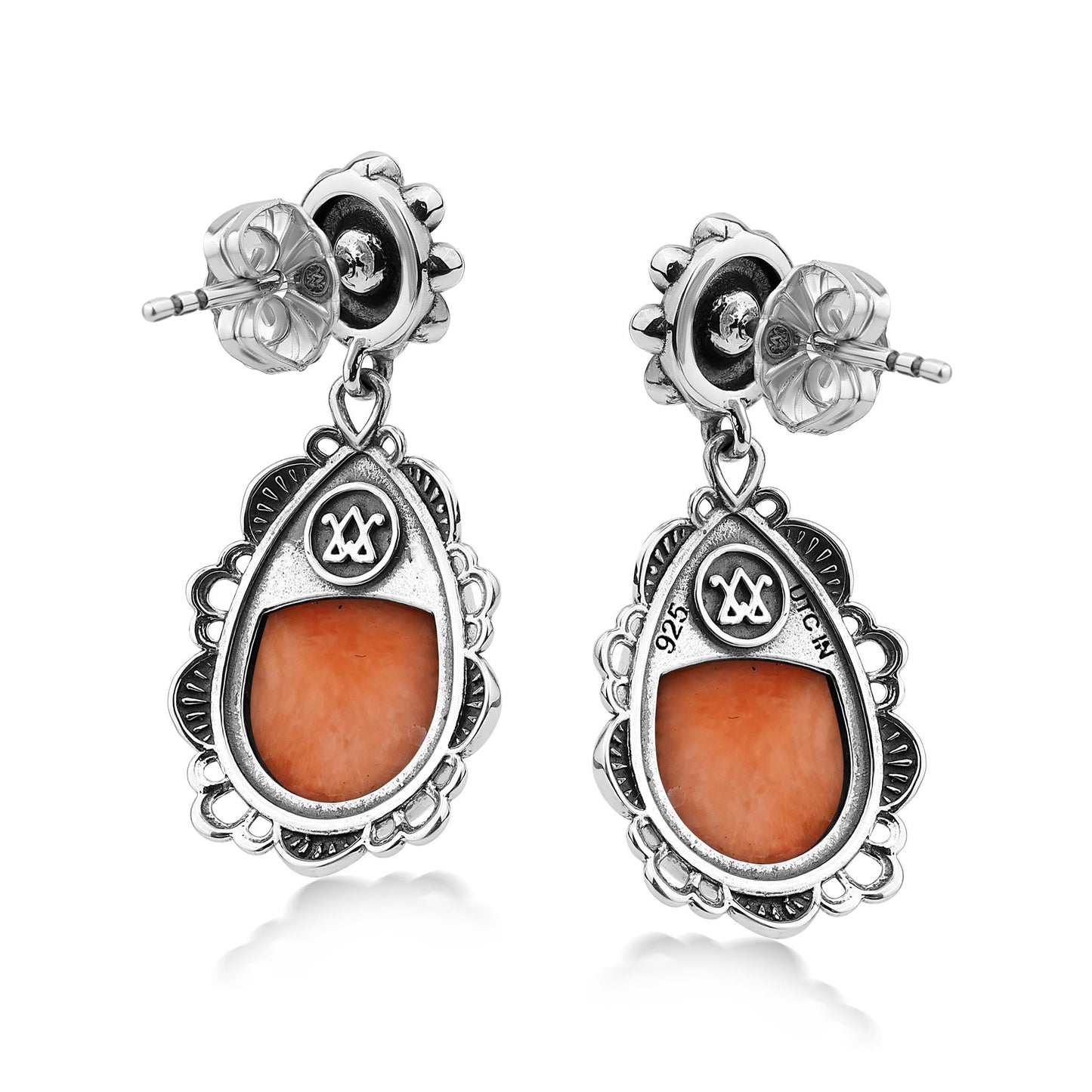  Sterling Silver Orange Spiny Oyster Pear-Cut Concha Dangle Earrings