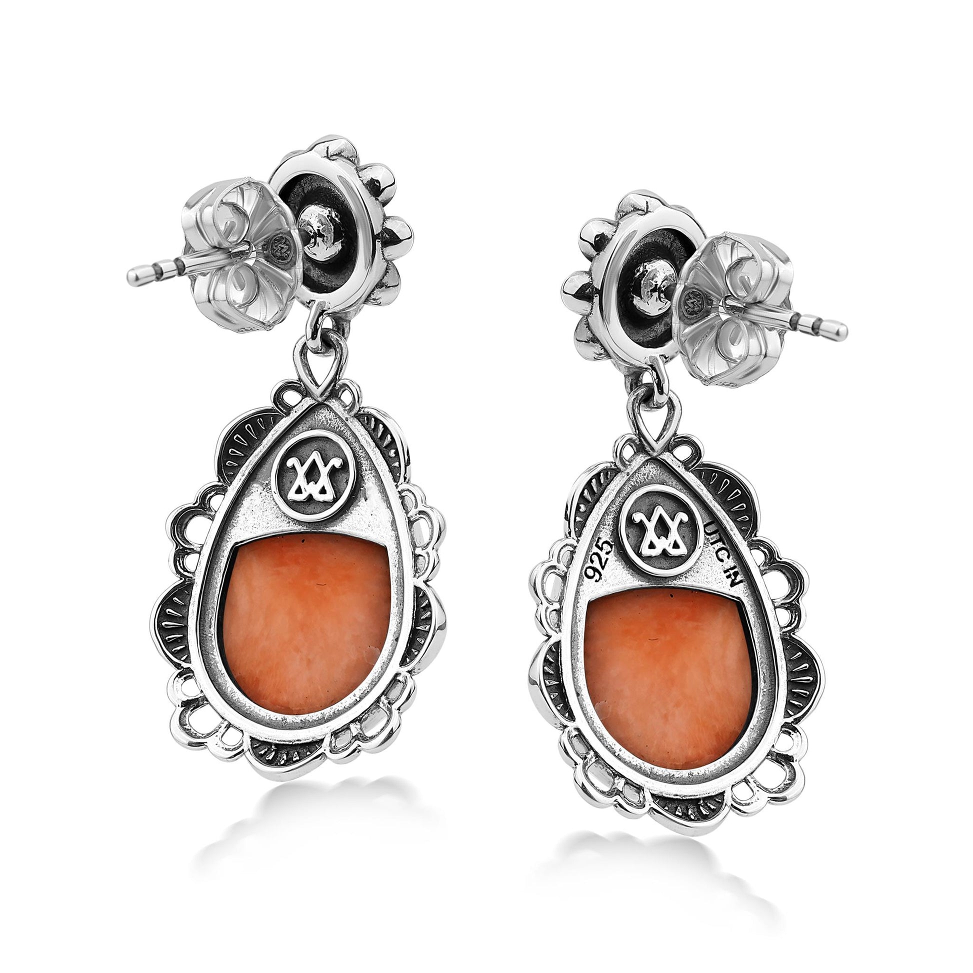 Sterling Silver Orange Spiny Oyster Pear-Cut Concha Dangle Earrings