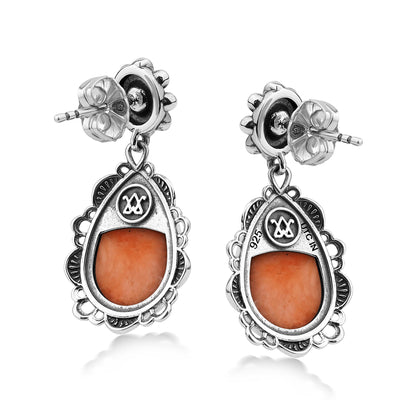  Sterling Silver Orange Spiny Oyster Pear-Cut Concha Dangle Earrings