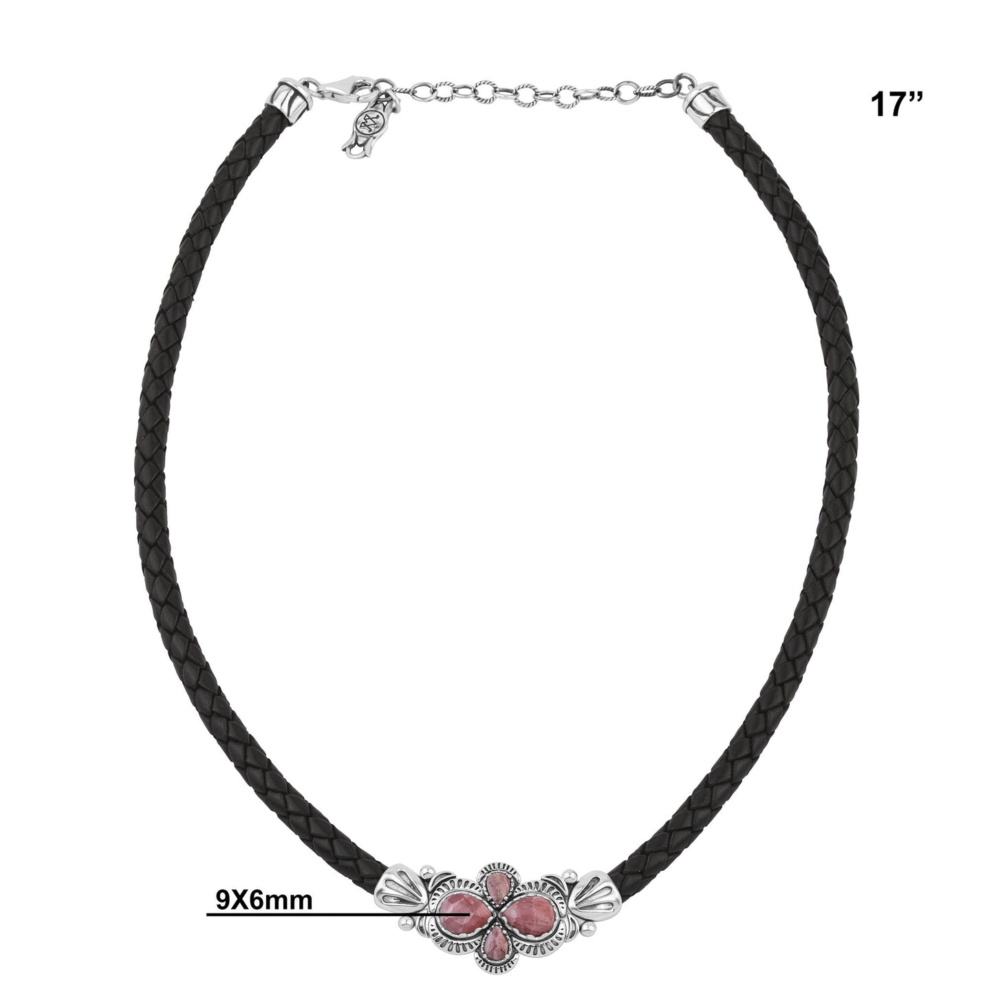  Sterling Silver Rhodochrosite Pear Cluster Black Leather Necklace 