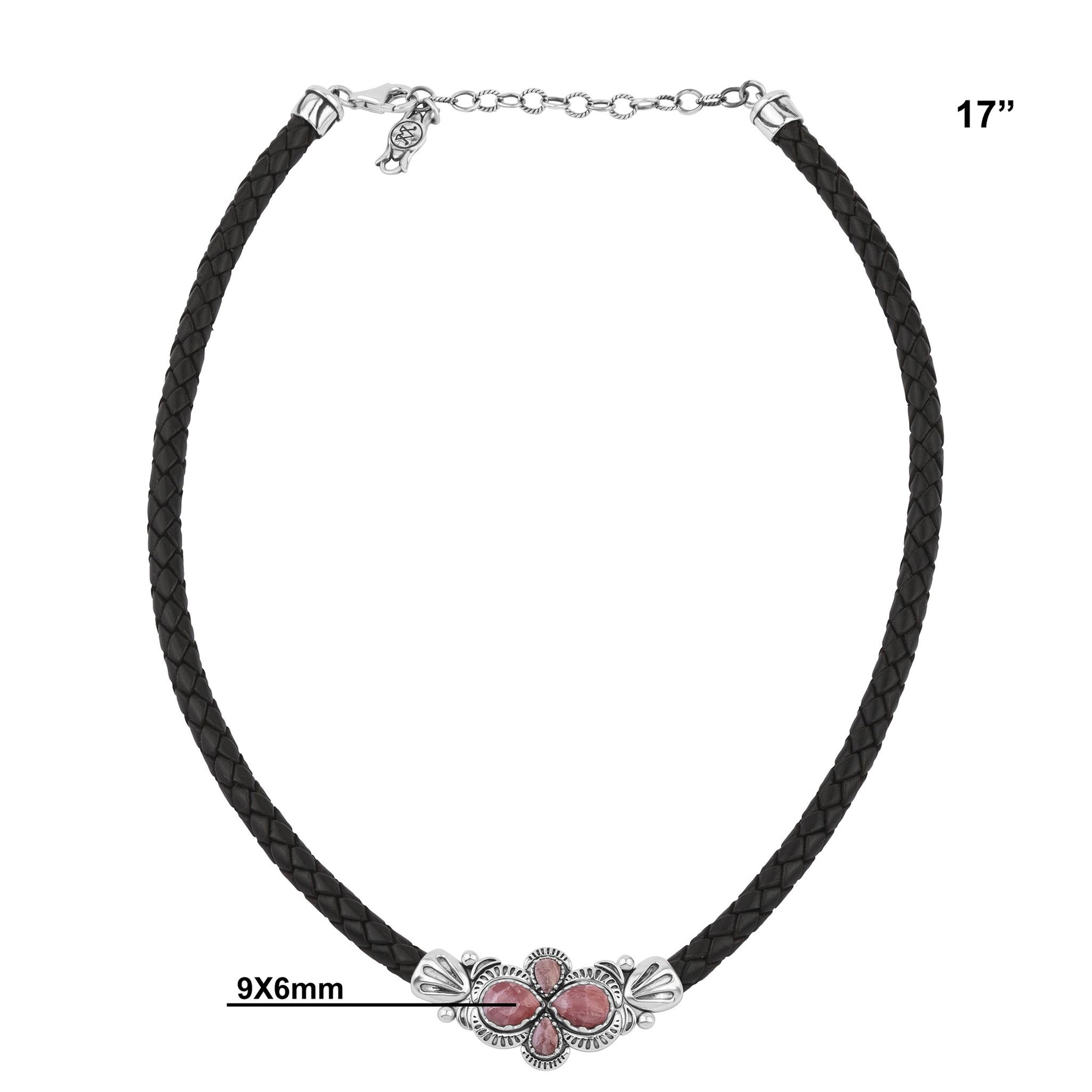  Sterling Silver Rhodochrosite Pear Cluster Black Leather Necklace 