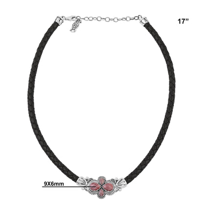  Sterling Silver Rhodochrosite Pear Cluster Black Leather Necklace 