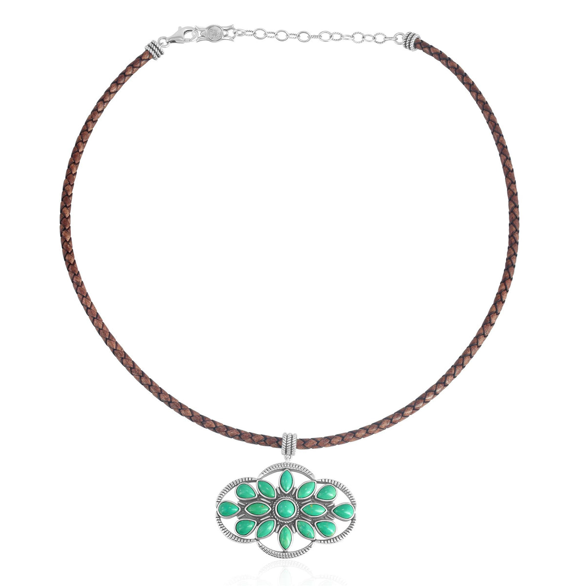 Sterling Silver Green Turquoise Brown Leather Cluster Necklace, 17 to 20 Inches