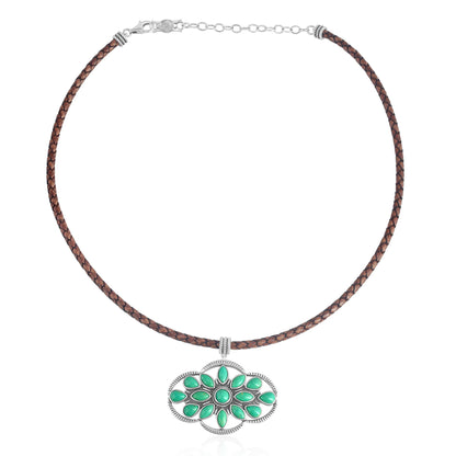 Sterling Silver Green Turquoise Brown Leather Cluster Necklace, 17 to 20 Inches