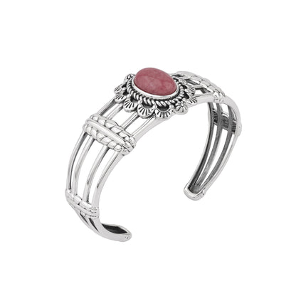 Sterling Silver Rhodonite Oval Scallop Open Cuff Bracelet