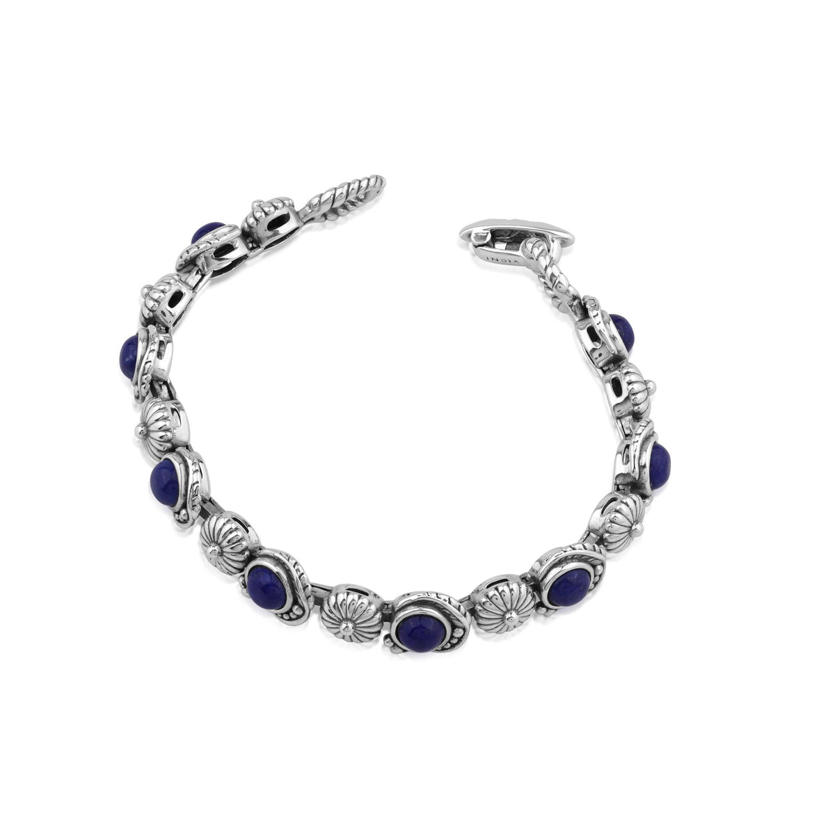 Sterling Silver Lapis Leaf and Concha Gemstone Link Bracelet, Sizes Small to Large