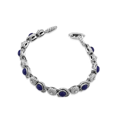 Sterling Silver Lapis Leaf and Concha Gemstone Link Bracelet, Sizes Small to Large