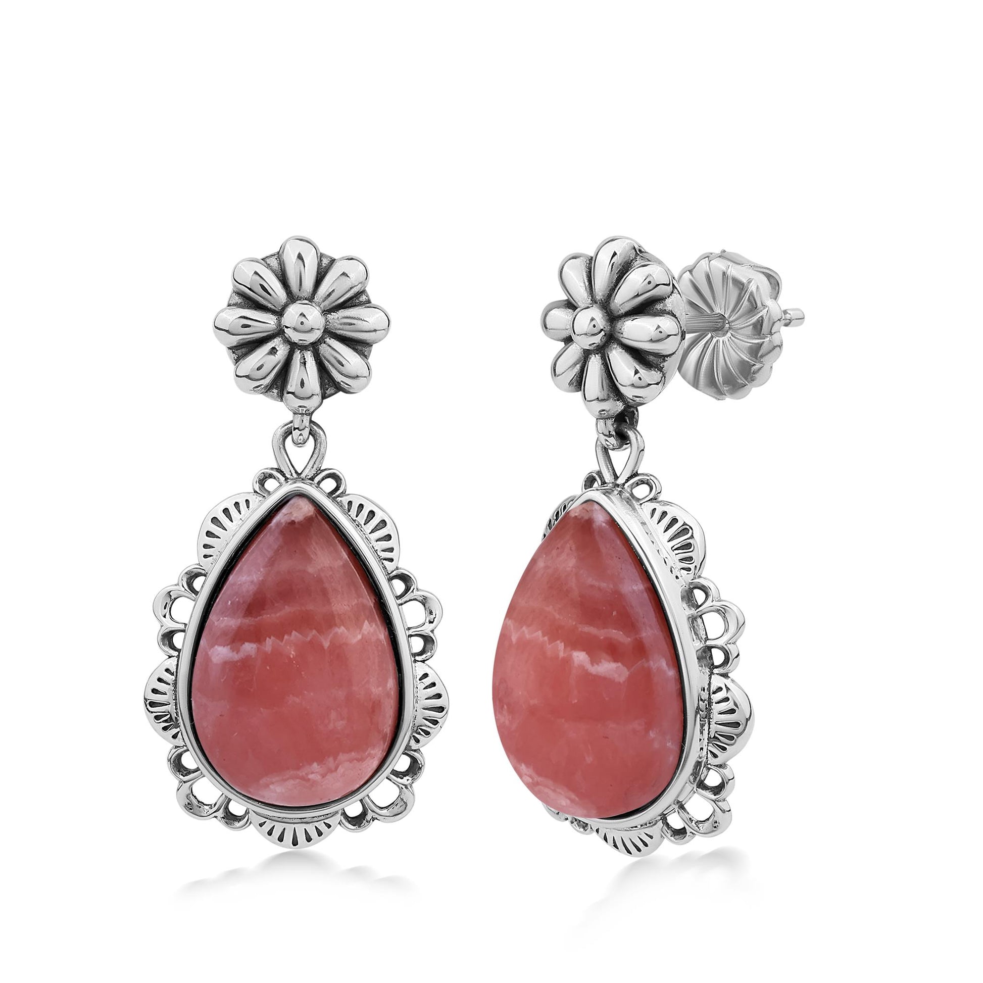  Sterling Silver Rhodochrosite Pear-Cut Concha Dangle Earrings