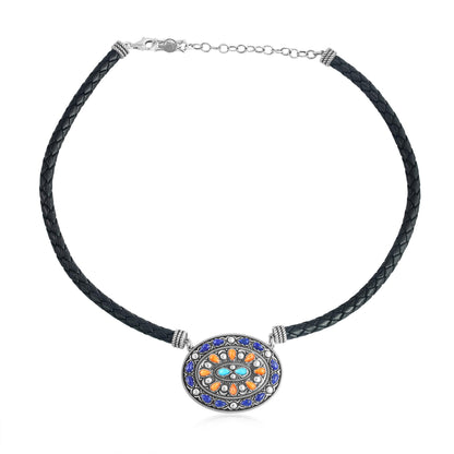 Sterling Silver Multi-Gemstone Oval Pendant Black Leather Necklace