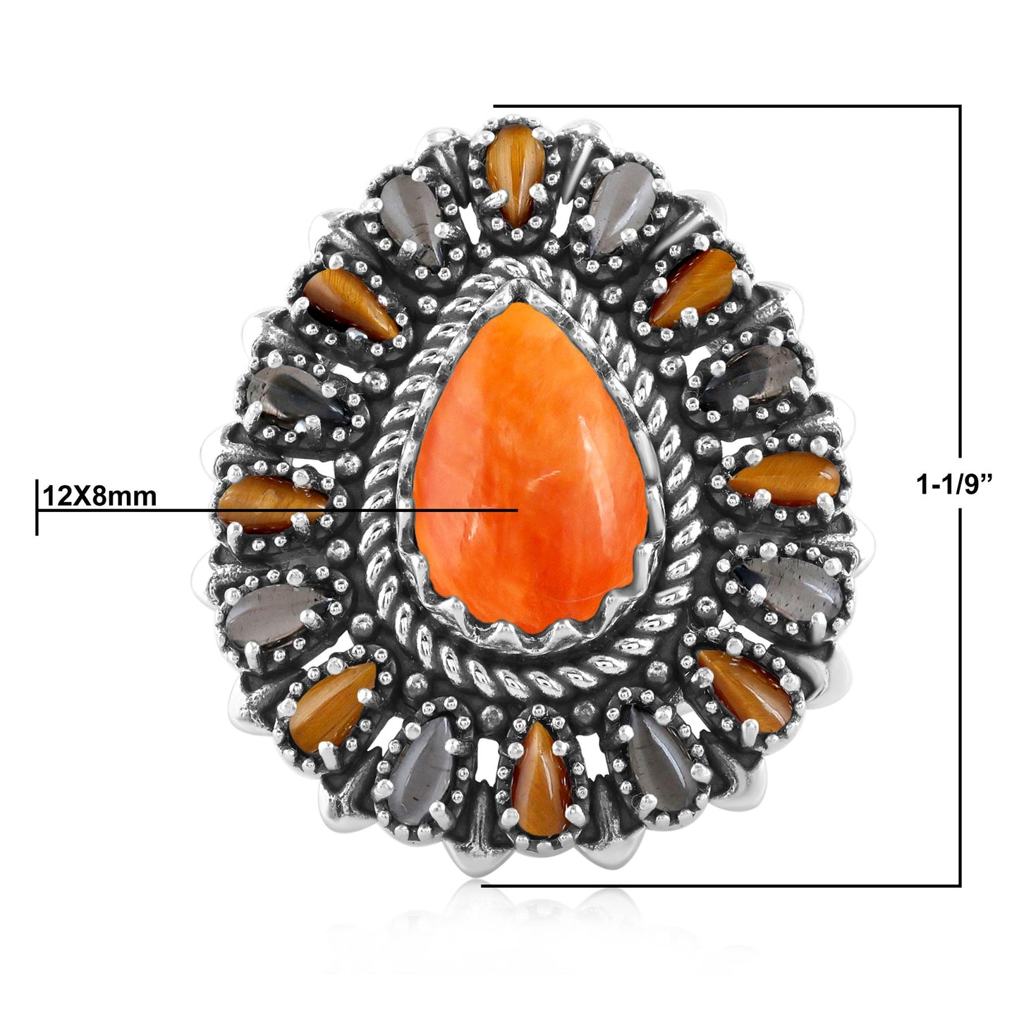 Sterling Silver Orange Spiny Oyster, Tiger's Eye and Smoky Quartz Pear-Shaped Cluster Ring