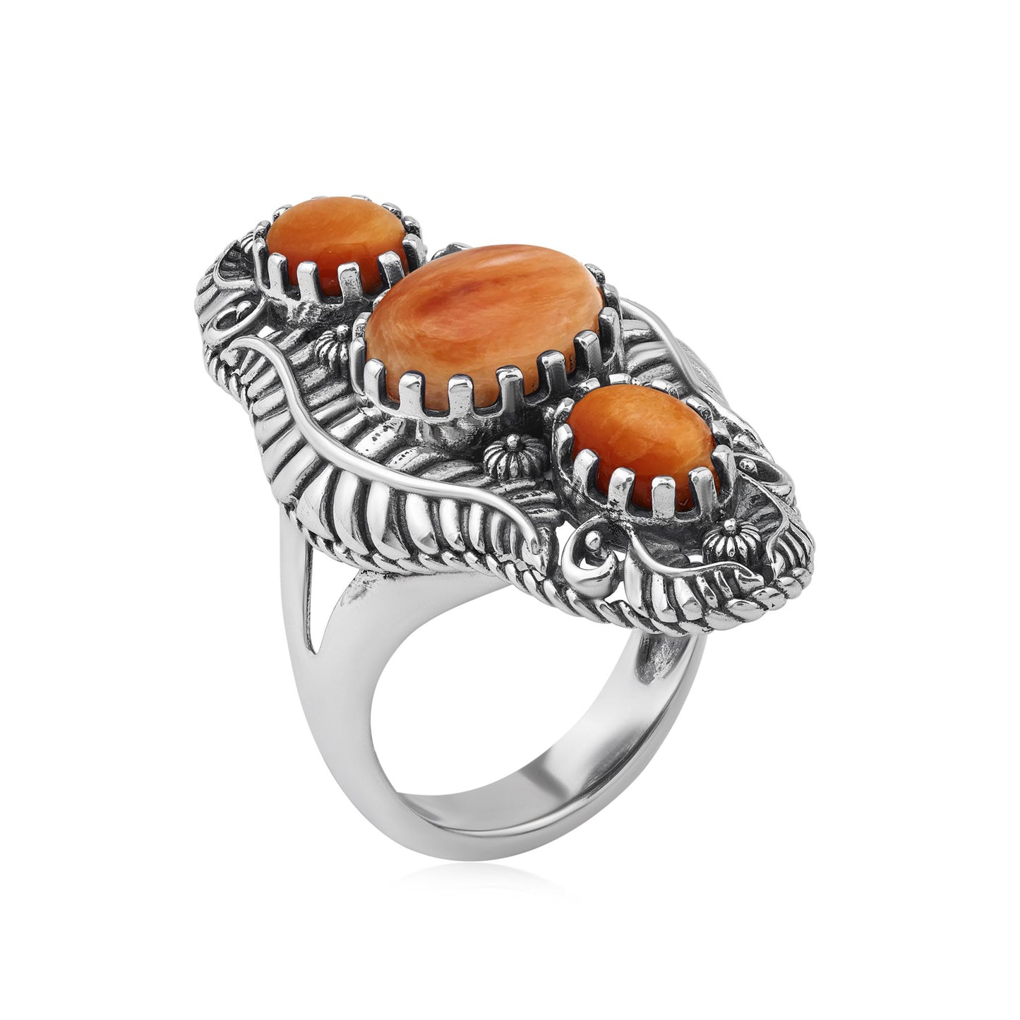 Sterling Silver Orange Spiny Oyster Leaf and Vine Oval Ring