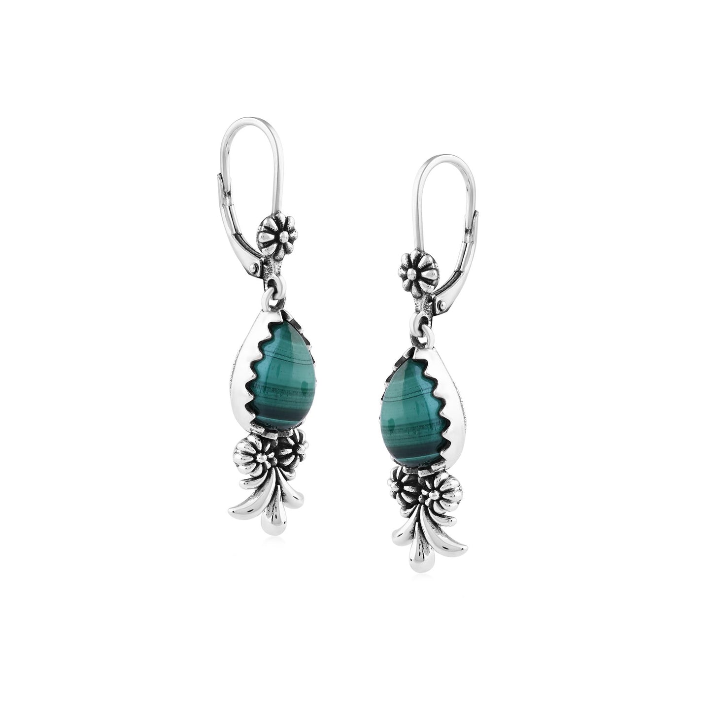  Sterling Silver Malachite Teardrop Concha Squash Blossom Dangle Earrings