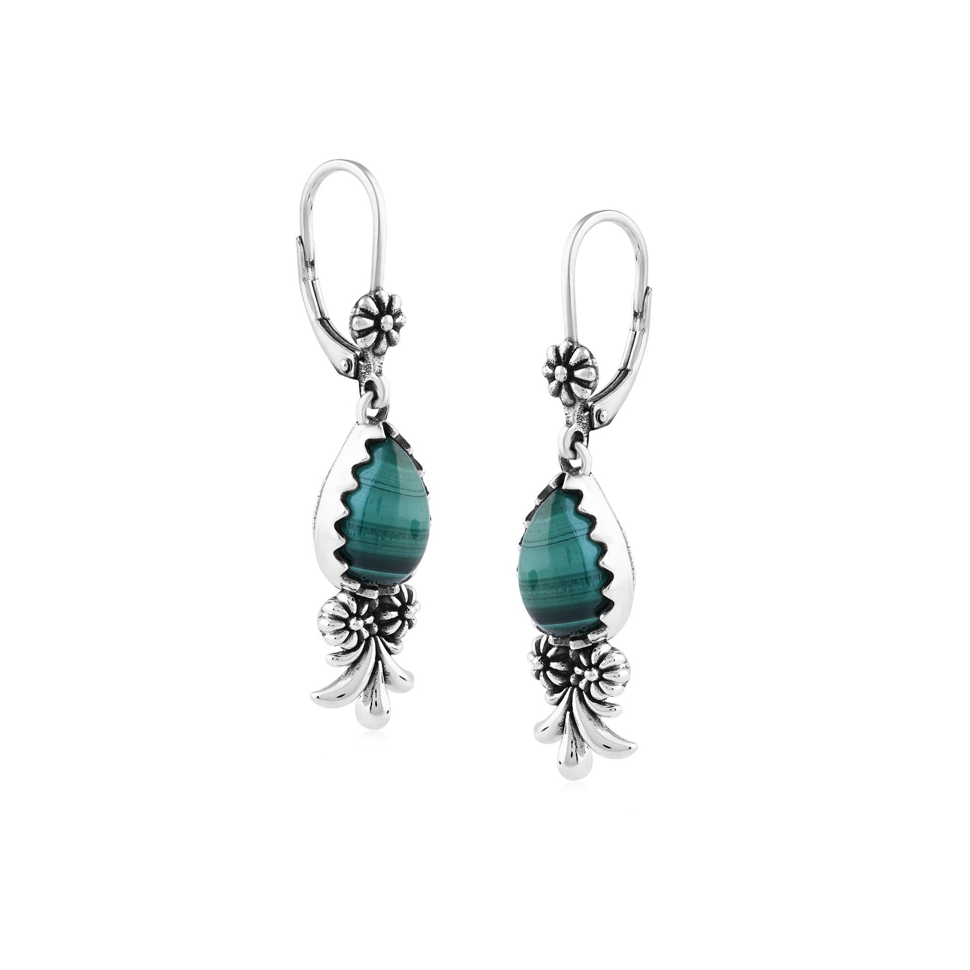  Sterling Silver Malachite Teardrop Concha Squash Blossom Dangle Earrings
