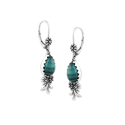 Sterling Silver Malachite Teardrop Concha Squash Blossom Dangle Earrings