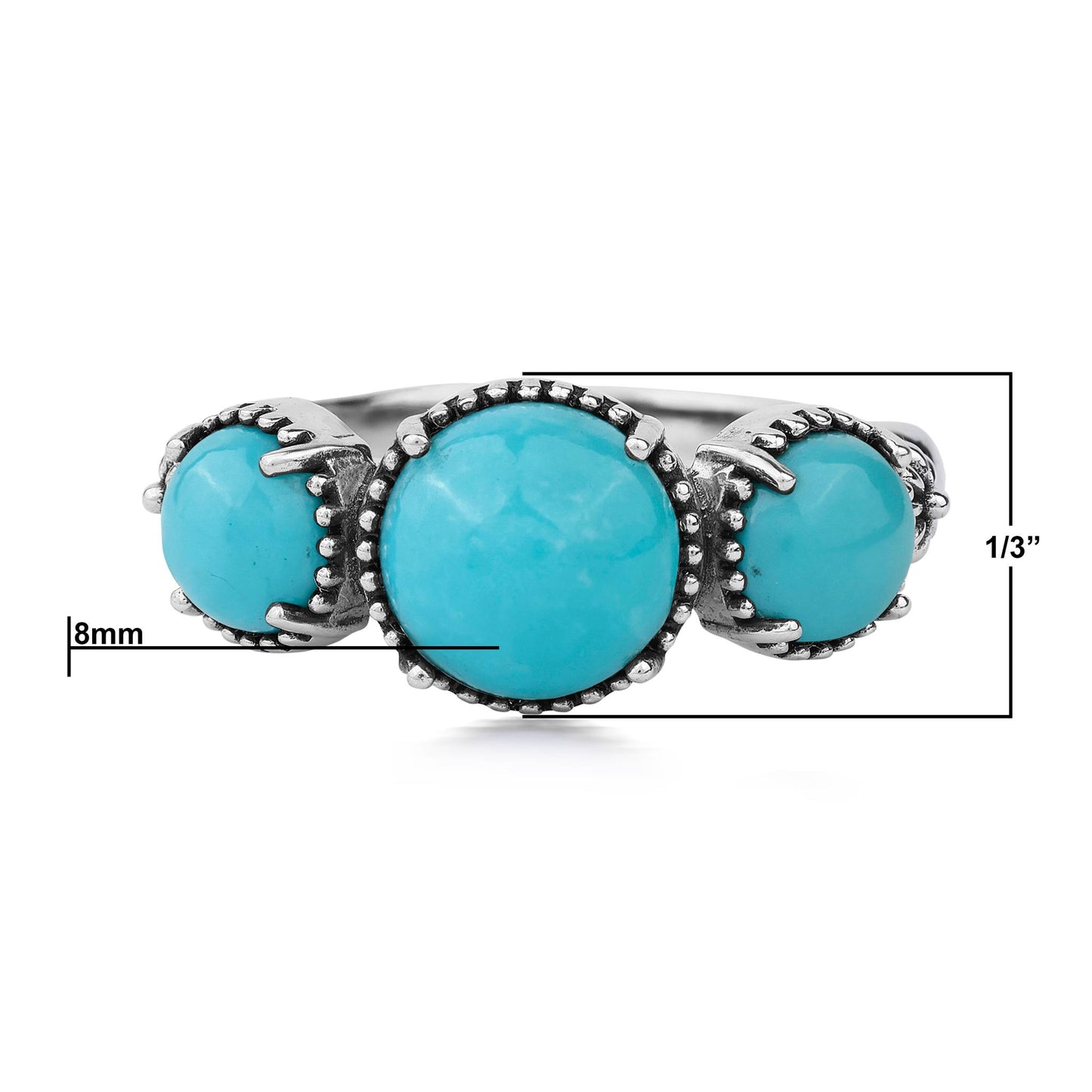 Sterling Silver Kingman Turquoise Oval 3 Stone Concha and Bead Ring