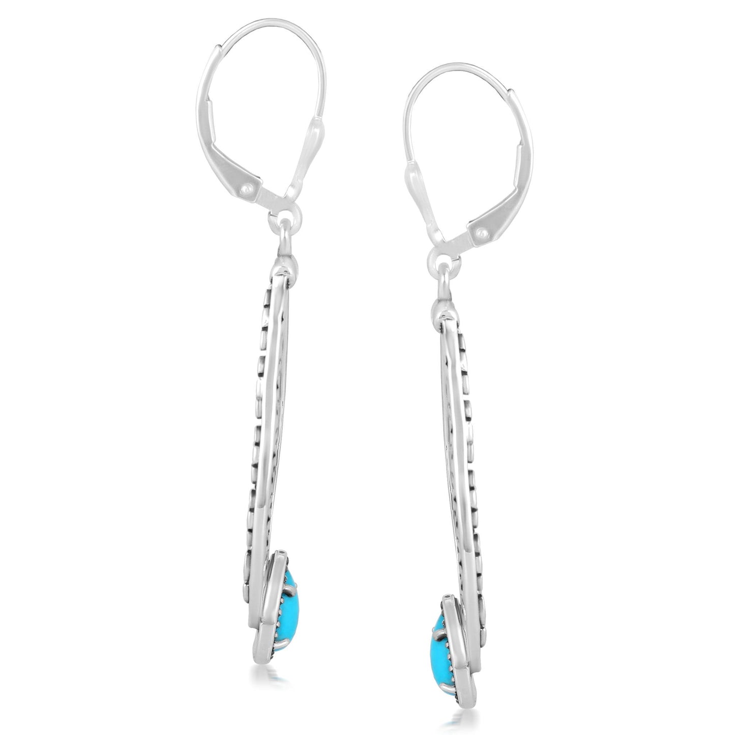 Sterling Silver Turquoise Pear-Cut Long Oval Lever Back Dangle Earrings