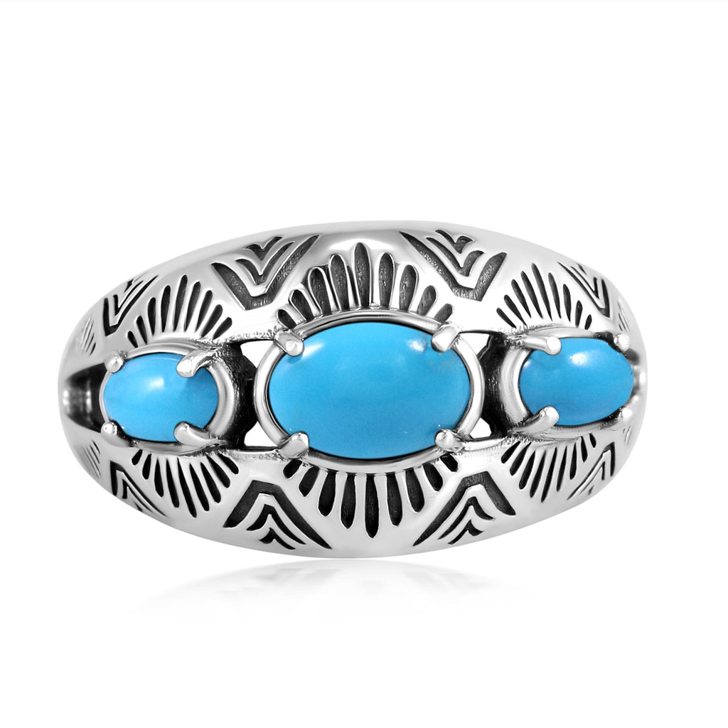 Sterling Silver Sleeping Beauty Turquoise 3-Stone Oval Band Ring, Sizes 5 to 11