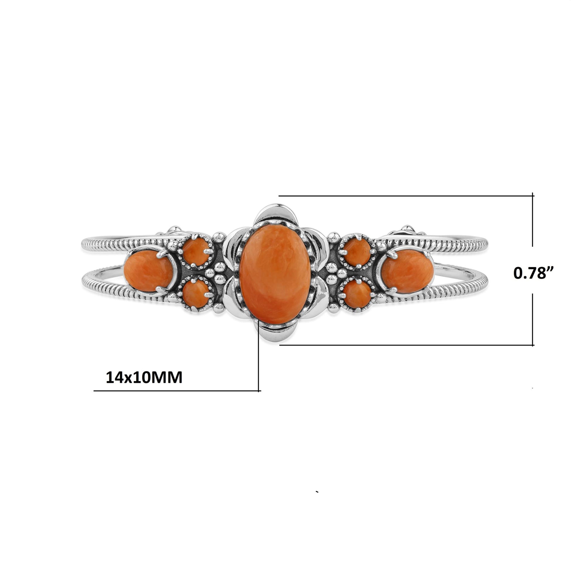  Sterling Silver Orange Spiny Oyster Oval and Round Open Cuff Bracelet