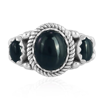 Sterling Silver Black Agate 3-Stone Ring, Sizes 5 to 11