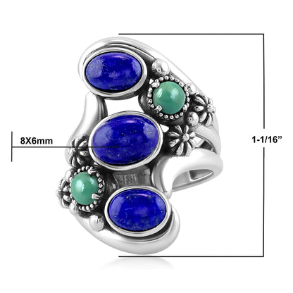 Sterling Silver Lapis and Green Turquoise Freeform Bypass Ring