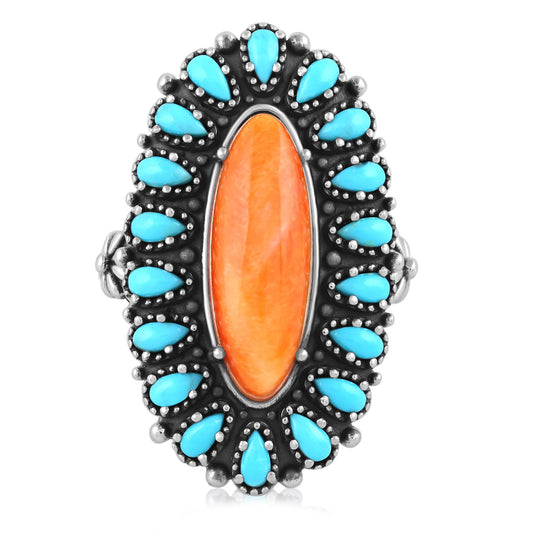 Sterling Silver Orange Spiny Oyster Kingman Turquoise Petit Point Oval Ring, Sizes 5 to 11