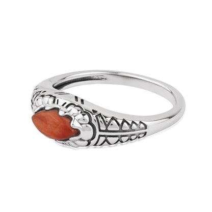 Sterling Silver Orange Spiny Oyster Marquise Gemstone Etched Ring, Sizes 5 to 11