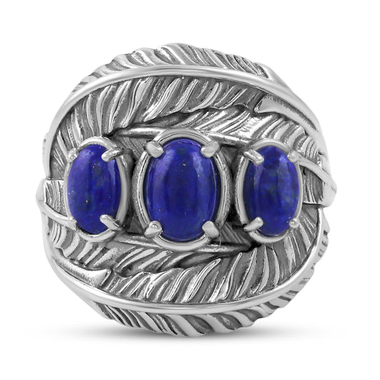 Sterling Silver Lapis Three-Stone Oval Cut Feather Ring