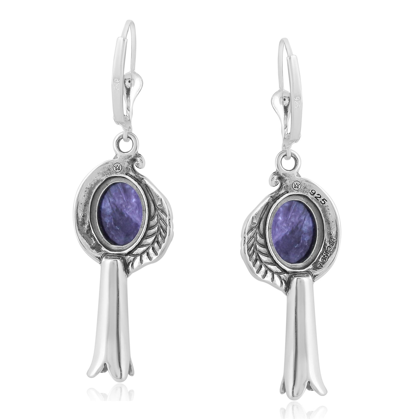 EXCLUSIVELY OURS! Sterling Silver Charoite Leaf and Squash Blossom Design Dangle Earrings