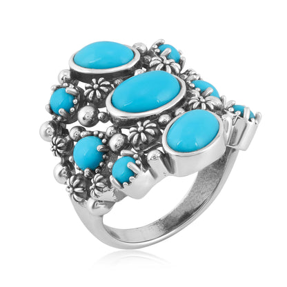 Sterling Silver Sleeping Beauty Turquoise 9-Stone Cluster Ring