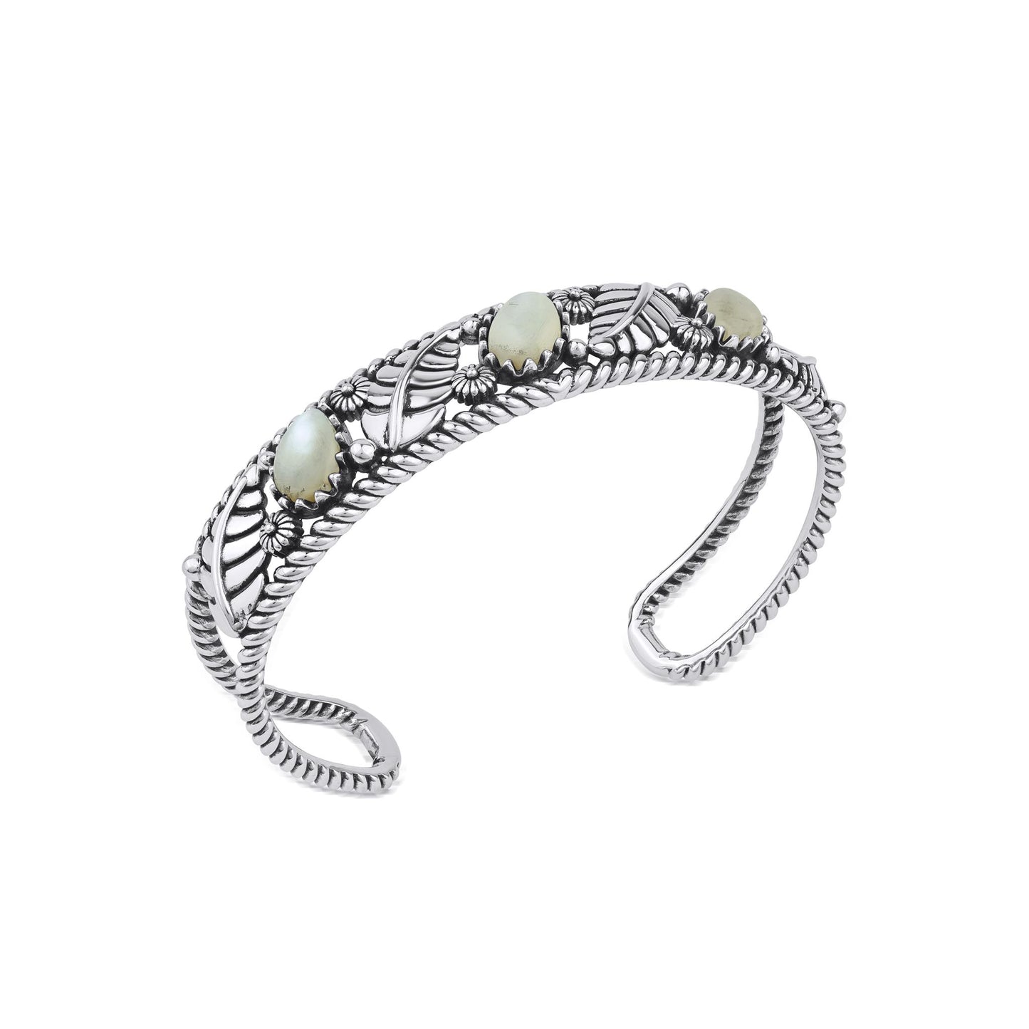  Sterling Silver White Mother of Pearl Oval and Pear Leaf Cuff Bracelet