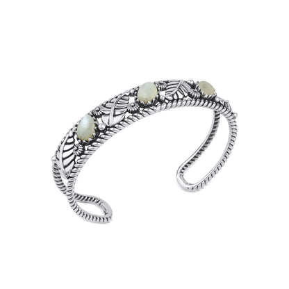  Sterling Silver White Mother of Pearl Oval and Pear Leaf Cuff Bracelet
