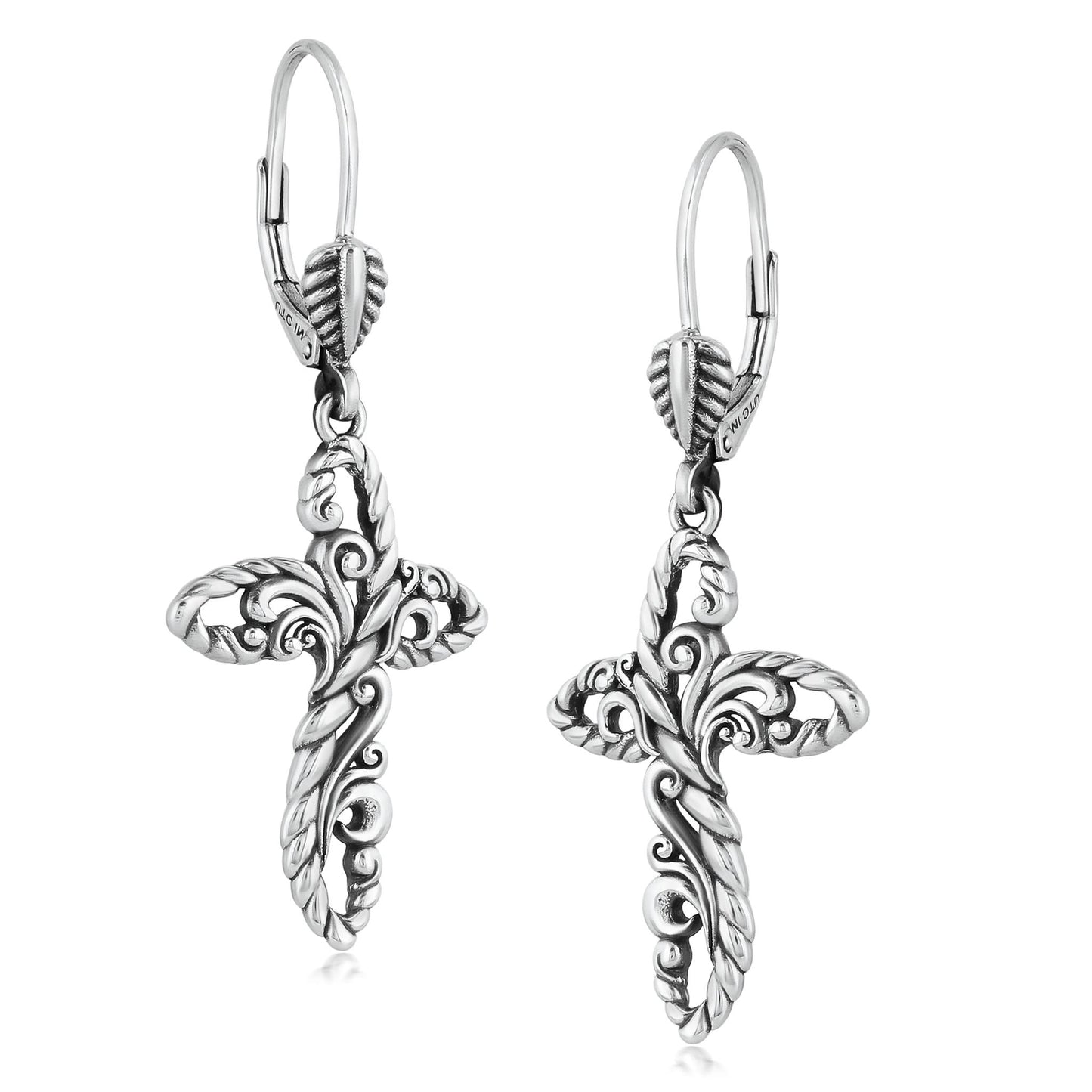 EXCLUSIVELY OURS! Sterling Silver Rope and Filigree Cross Lever Back Dangle Earrings