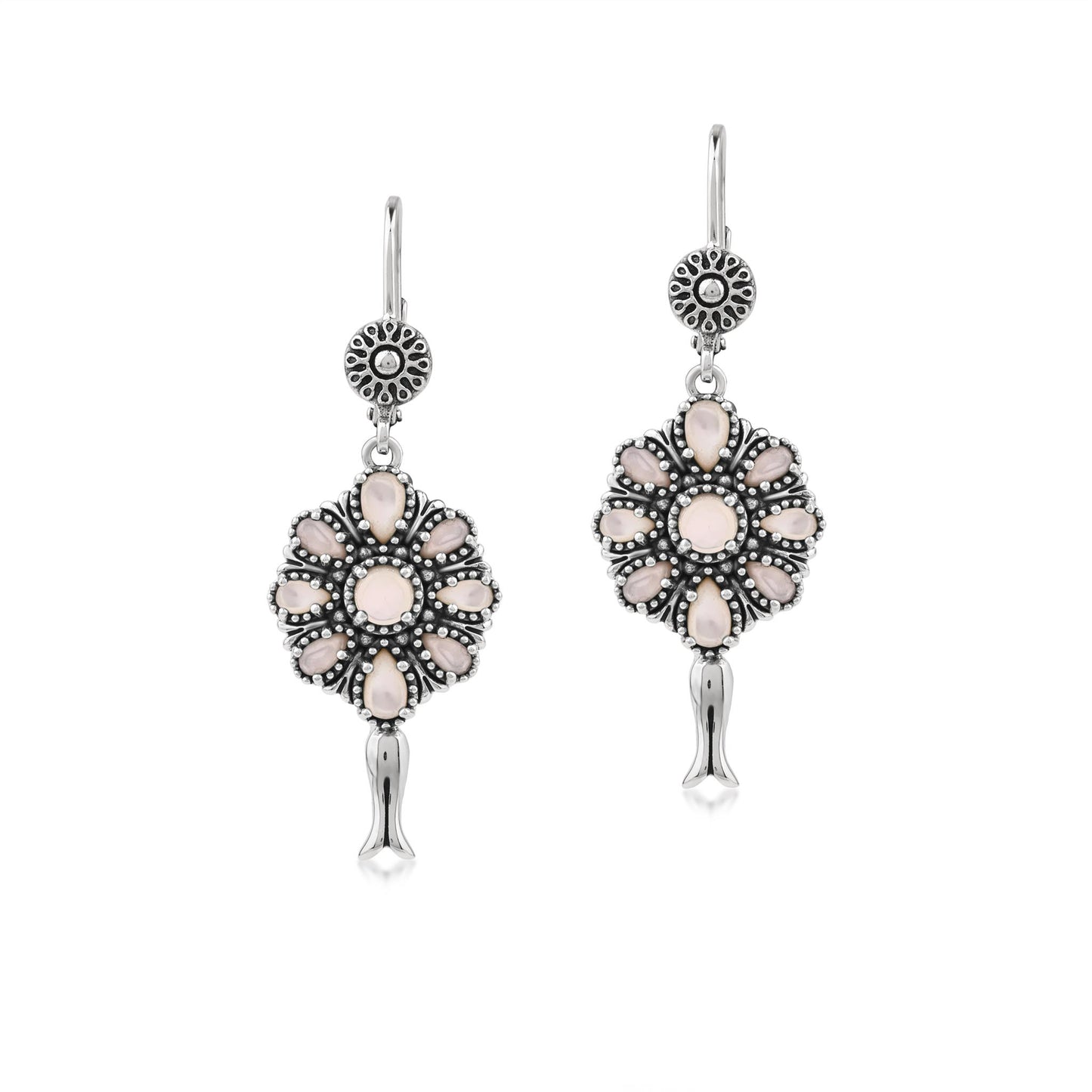  Sterling Silver White Mother of Pearl Flower Cluster Squash Blossom Earrings