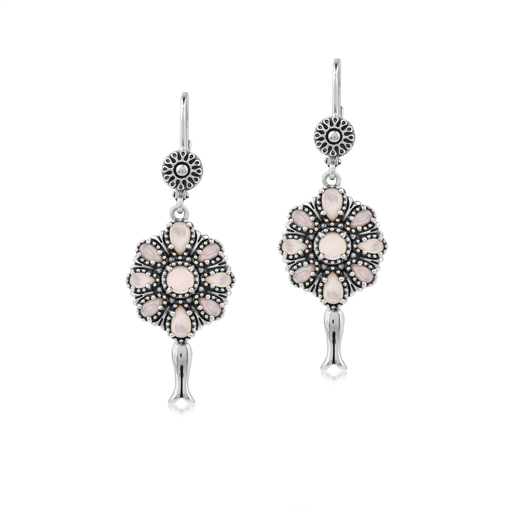  Sterling Silver White Mother of Pearl Flower Cluster Squash Blossom Earrings