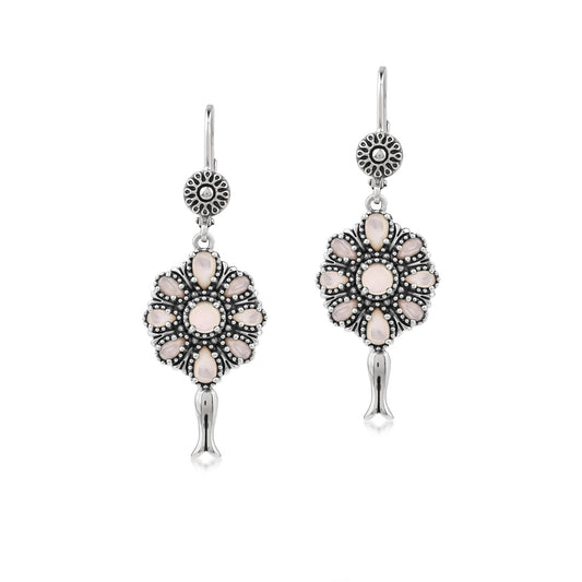  Sterling Silver White Mother of Pearl Flower Cluster Squash Blossom Earrings