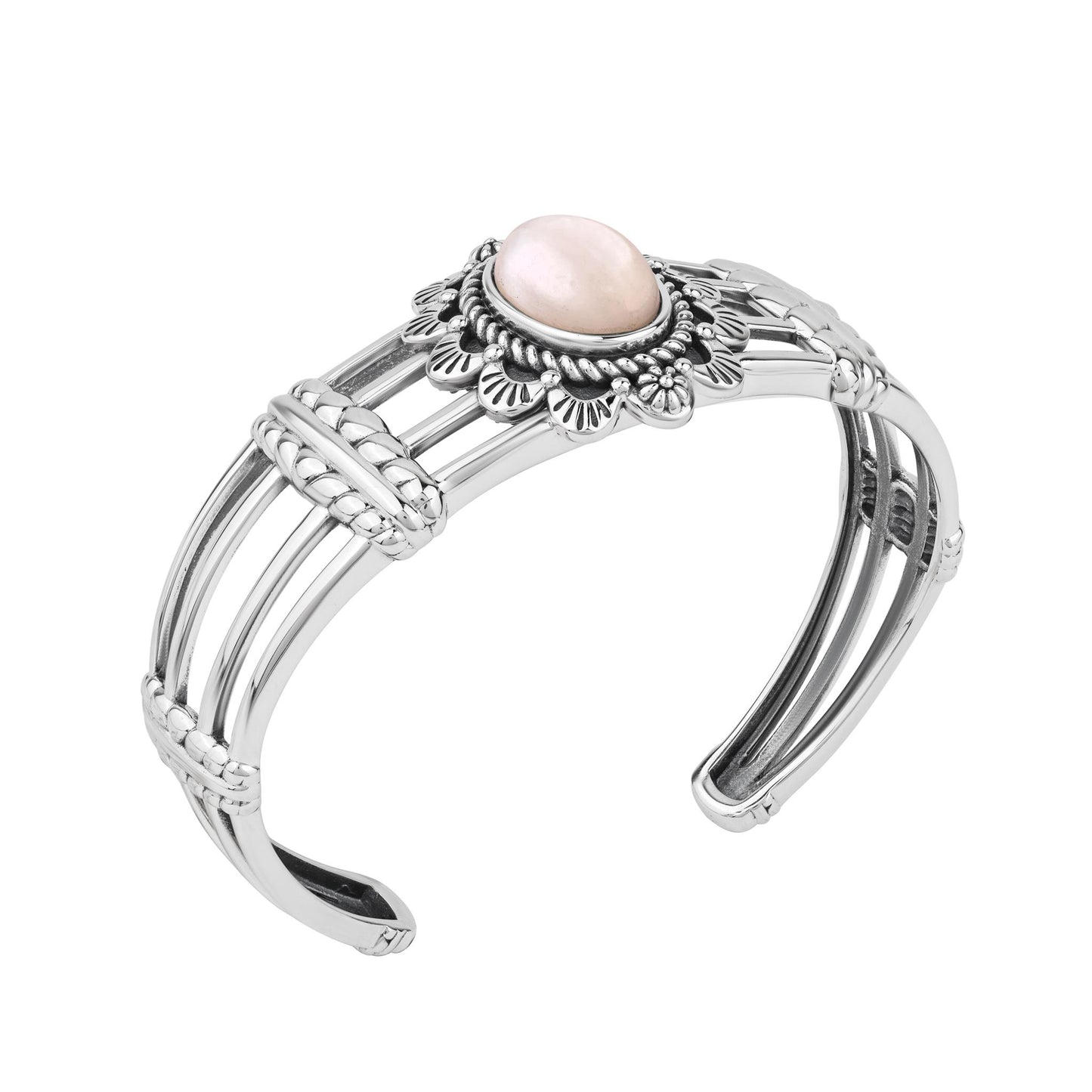  Sterling Silver White Mother of Pearl Oval Scallop Open Cuff Bracelet
