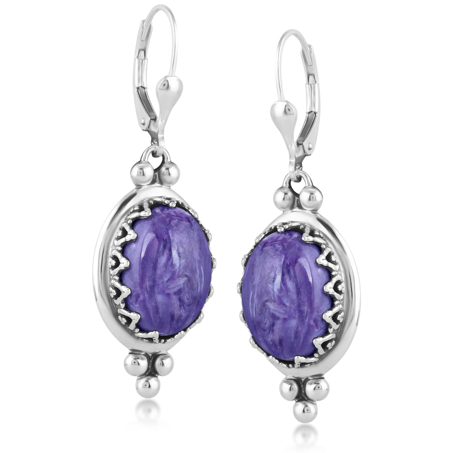 EXCLUSIVELY OURS! Sterling Silver Charoite Crown Detail Lever Back Earrings