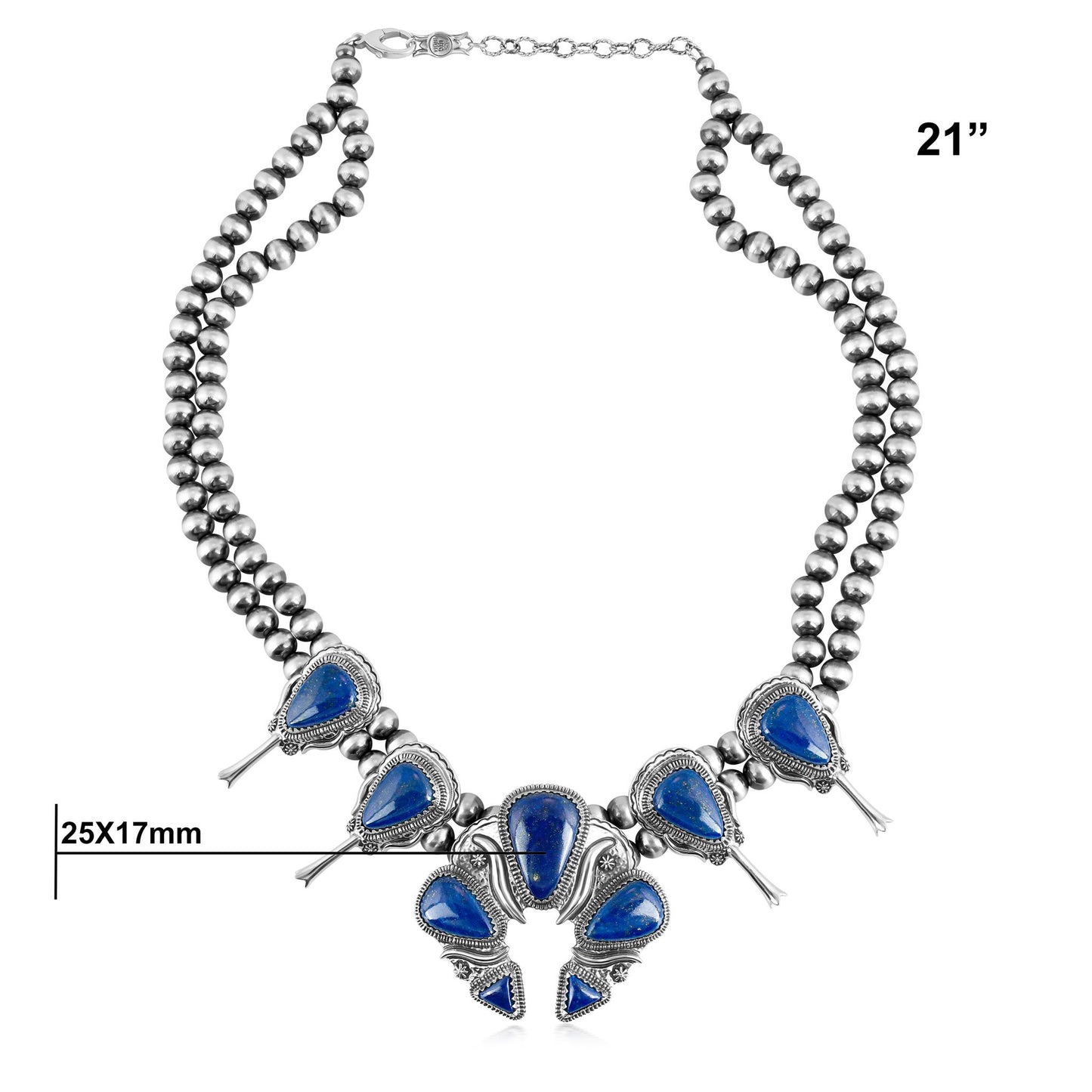 EXCLUSIVELY OURS! Sterling Silver Lapis Large Naja Squash Blossom Necklace, 21 to 24 Inches