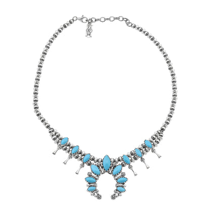  Sterling Silver Sleeping Beauty Turquoise Marquise-Cut Squash Blossom Necklace 