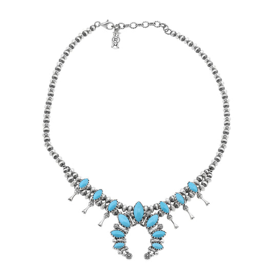  Sterling Silver Sleeping Beauty Turquoise Marquise-Cut Squash Blossom Necklace 